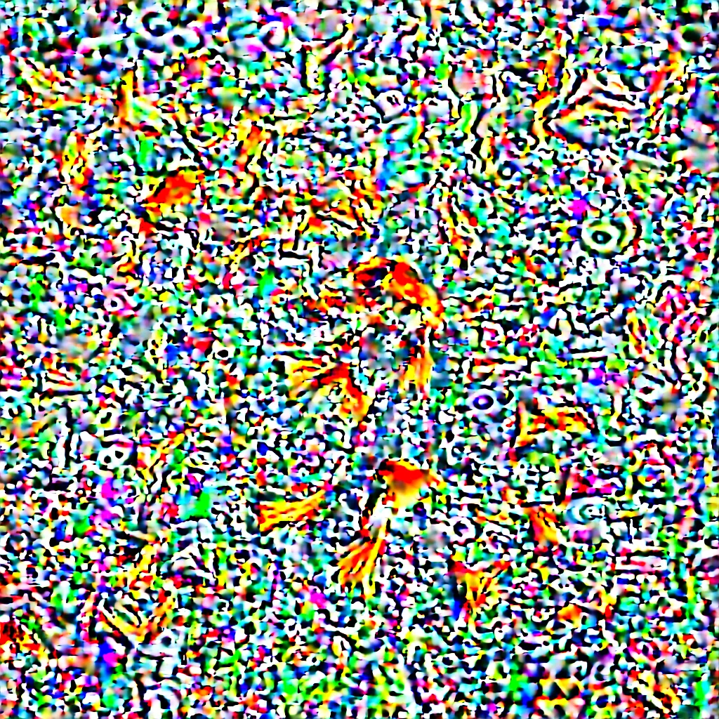 Dense multicoloured speckle with clusters of orange, fan-shaped forms scattered across it.
